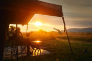 Frau sitzt unter Zeltdach in einer Savanne in Tansania